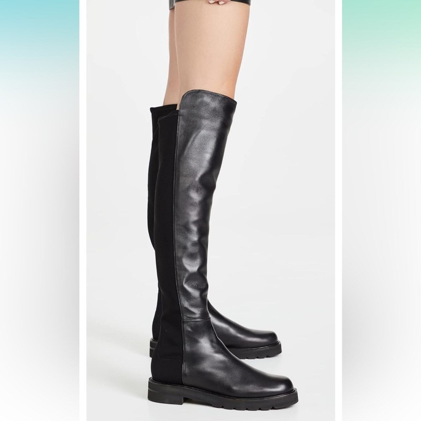 Stuart Weitzman Black 5050 Lift Knee High Pull-On Leather Boots Sz 6.5